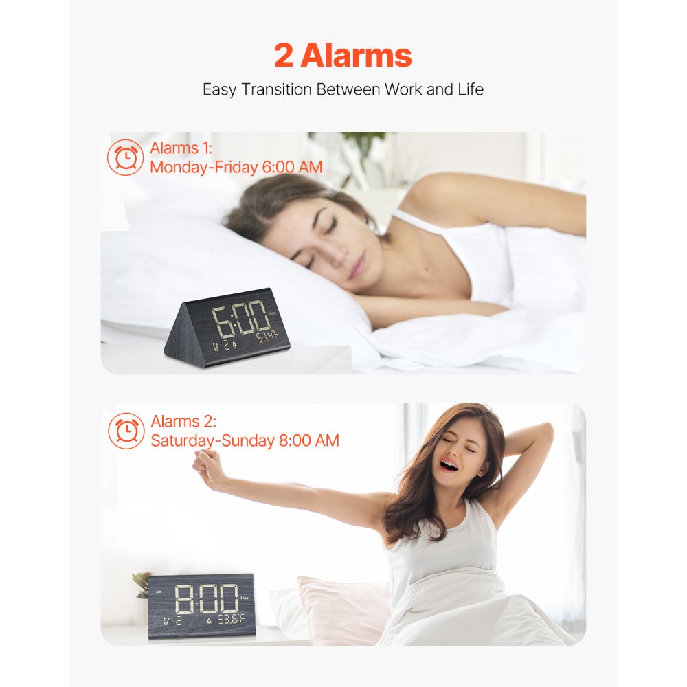 VEVOR Digital Alarm Clock, Wooden Desk Clock with Dual Alarm, USB Port, Snooze, Night Light, Voice Control, Adjustable Volume, Bedside Desktop Clock with Charger for Bedroom, Kitchen, Office, Black