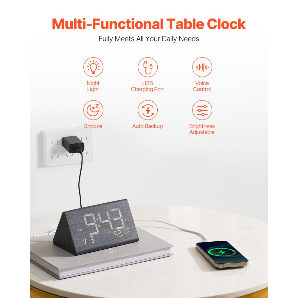 VEVOR Digital Alarm Clock, Wooden Desk Clock with Dual Alarm, USB Port, Snooze, Night Light, Voice Control, Adjustable Volume, Bedside Desktop Clock with Charger for Bedroom, Kitchen, Office, Black