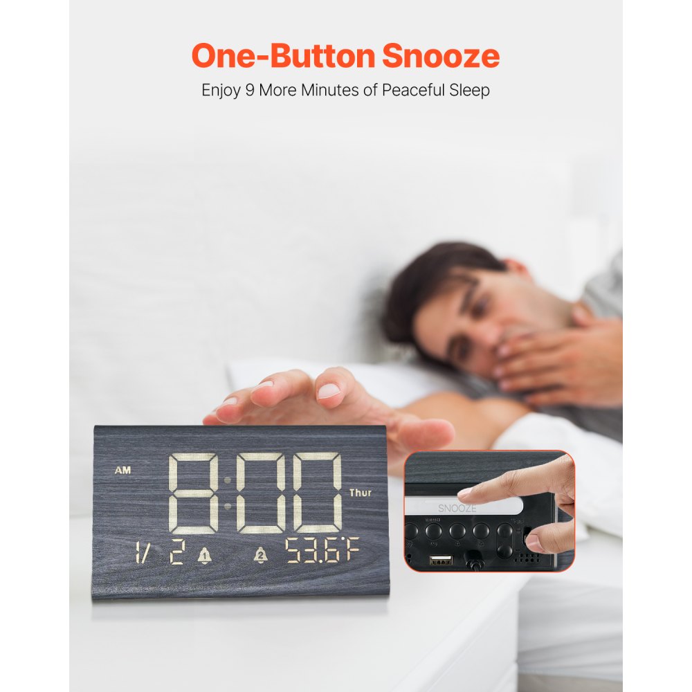 VEVOR Digital Alarm Clock, Wooden Desk Clock with Dual Alarm, USB Port, Snooze, Night Light, Voice Control, Adjustable Volume, Bedside Desktop Clock with Charger for Bedroom, Kitchen, Office, Black