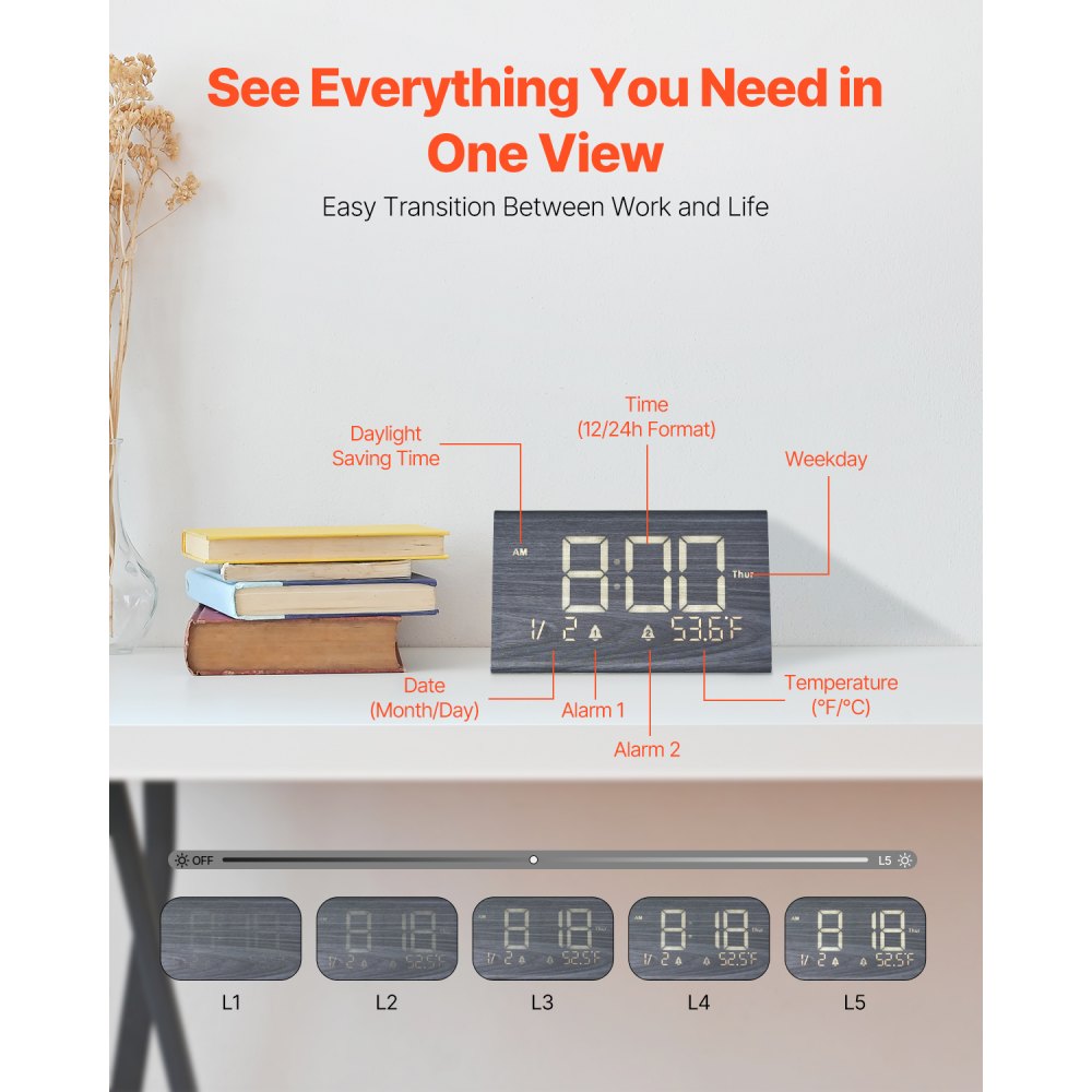 VEVOR Digital Alarm Clock, Wooden Desk Clock with Dual Alarm, USB Port, Snooze, Night Light, Voice Control, Adjustable Volume, Bedside Desktop Clock with Charger for Bedroom, Kitchen, Office, Black