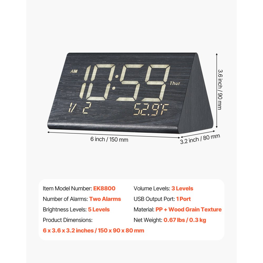 VEVOR Digital Alarm Clock, Wooden Desk Clock with Dual Alarm, USB Port, Snooze, Night Light, Voice Control, Adjustable Volume, Bedside Desktop Clock with Charger for Bedroom, Kitchen, Office, Black
