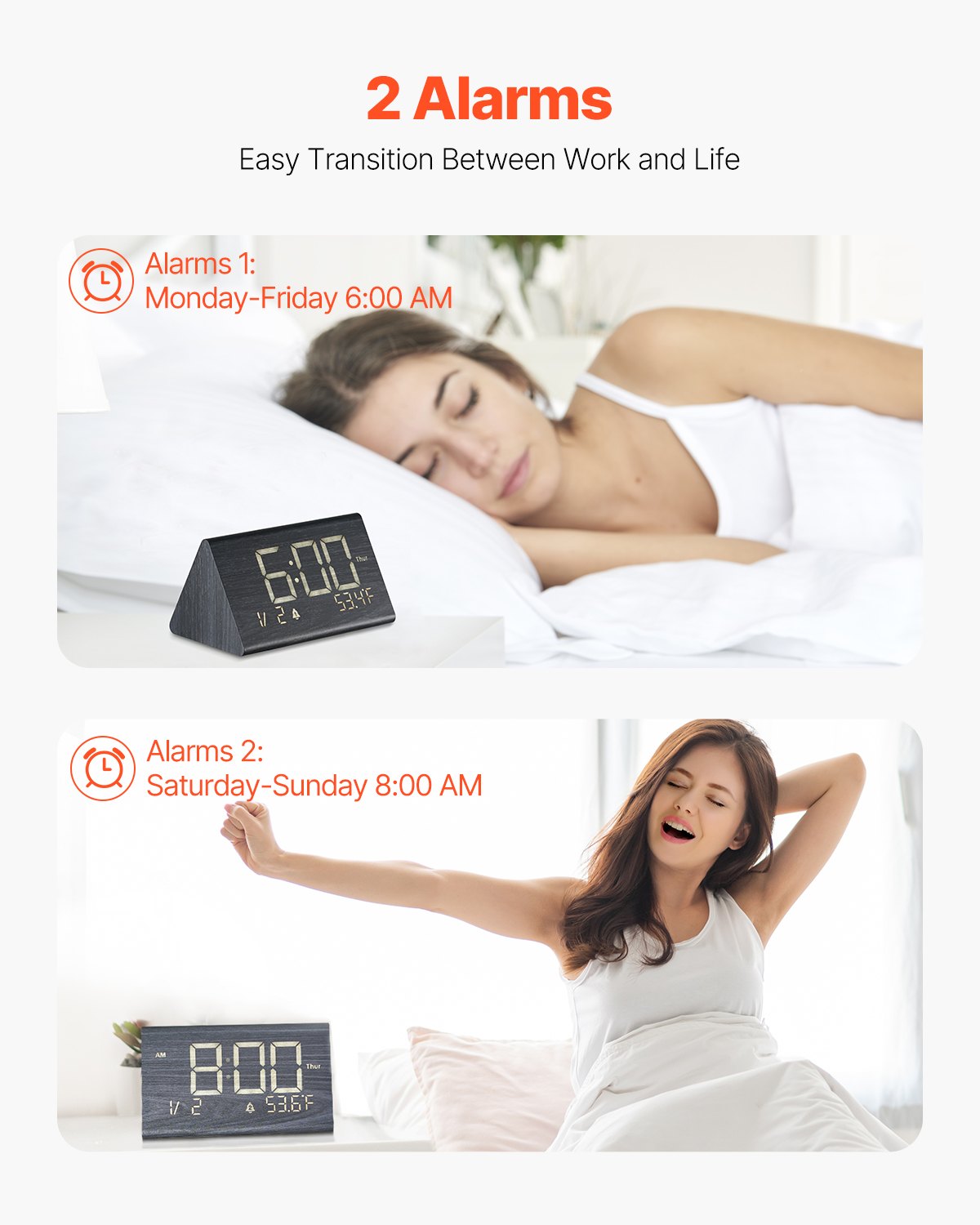 VEVOR Digital Alarm Clock, Wooden Desk Clock with Dual Alarm, USB Port, Snooze, Night Light, Voice Control, Adjustable Volume, Bedside Desktop Clock with Charger for Bedroom, Kitchen, Office, Black