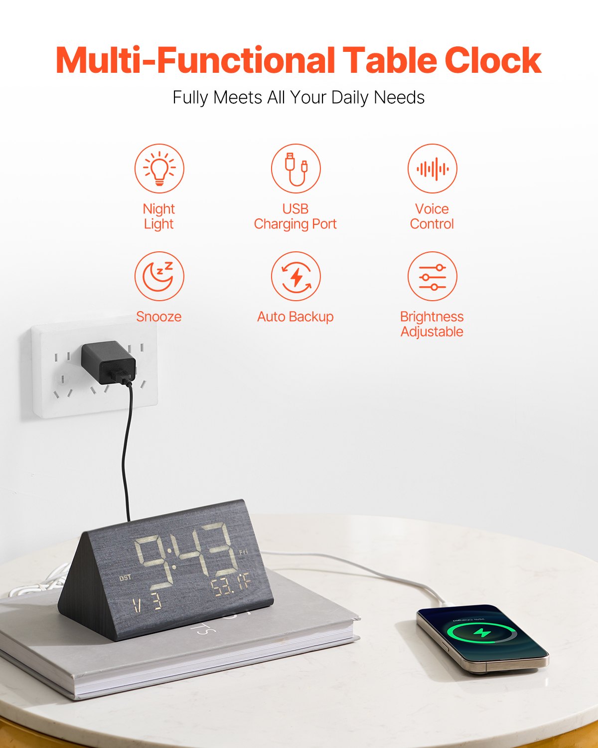 VEVOR Digital Alarm Clock, Wooden Desk Clock with Dual Alarm, USB Port, Snooze, Night Light, Voice Control, Adjustable Volume, Bedside Desktop Clock with Charger for Bedroom, Kitchen, Office, Black
