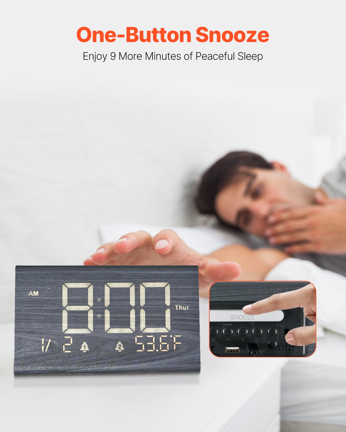 VEVOR Digital Alarm Clock, Wooden Desk Clock with Dual Alarm, USB Port, Snooze, Night Light, Voice Control, Adjustable Volume, Bedside Desktop Clock with Charger for Bedroom, Kitchen, Office, Black