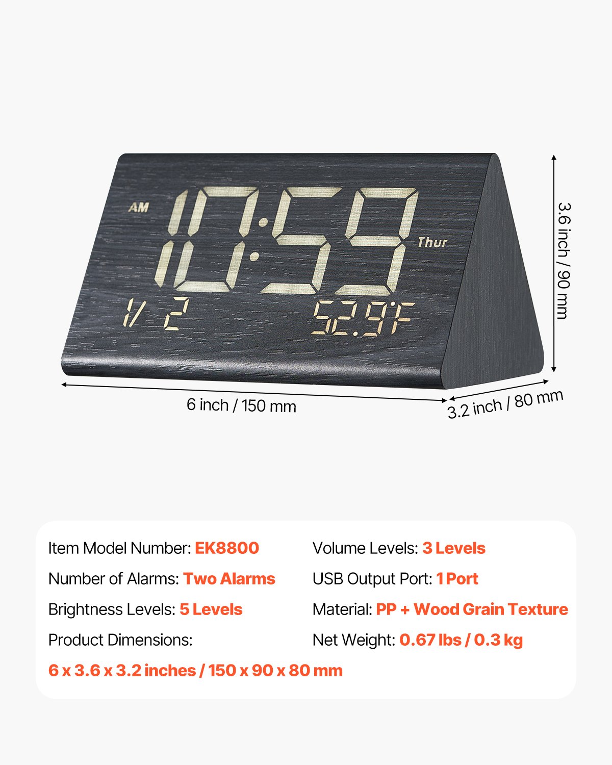 VEVOR Digital Alarm Clock, Wooden Desk Clock with Dual Alarm, USB Port, Snooze, Night Light, Voice Control, Adjustable Volume, Bedside Desktop Clock with Charger for Bedroom, Kitchen, Office, Black