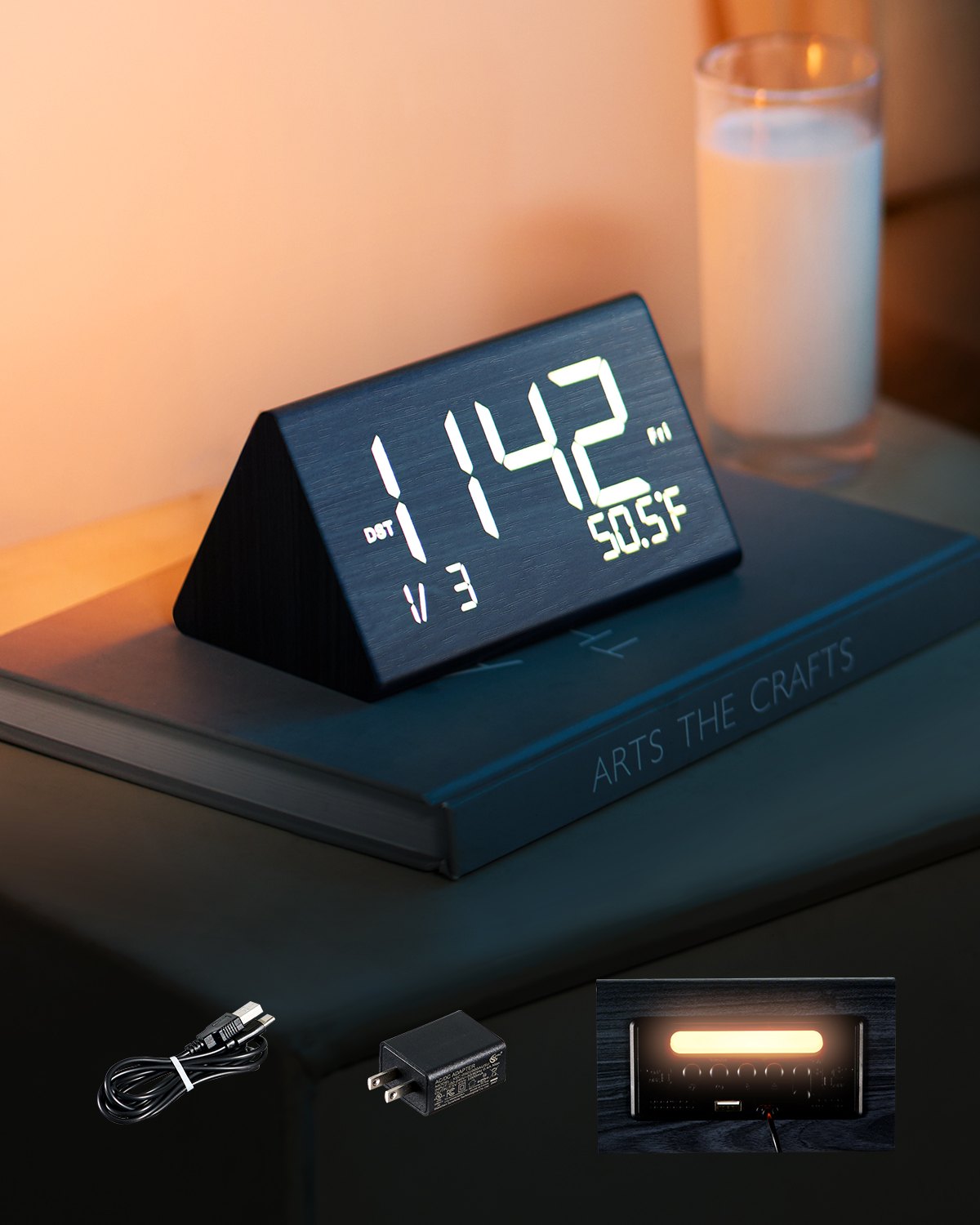 VEVOR Digital Alarm Clock, Wooden Desk Clock with Dual Alarm, USB Port, Snooze, Night Light, Voice Control, Adjustable Volume, Bedside Desktop Clock with Charger for Bedroom, Kitchen, Office, Black