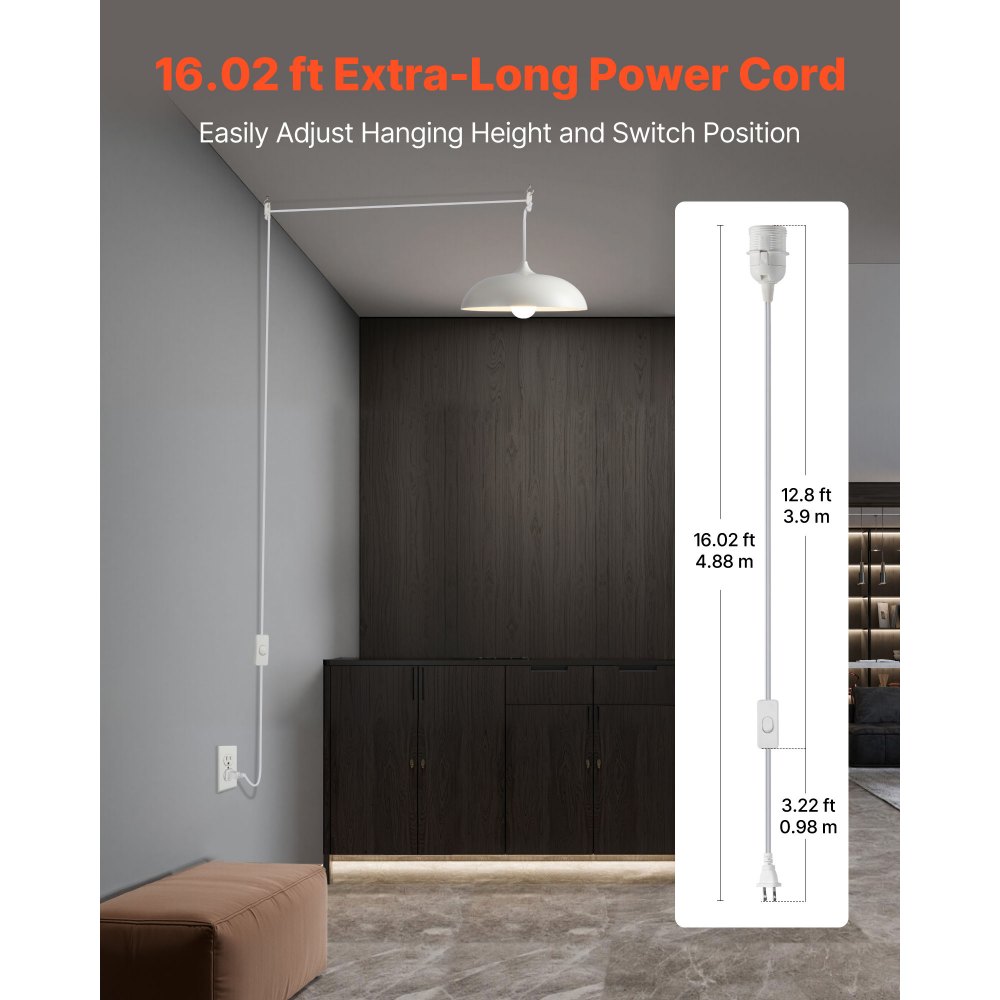 VEVOR Plug in Hanging Light Cord Kit, 16ft Lantern Extension Cords, 2 Pack E26 Light Socket Lamp Cord Replacement, Secure & Sturdy, Easy to Install, Pendant Lamp Kit On/Off Switch & Socket Rings