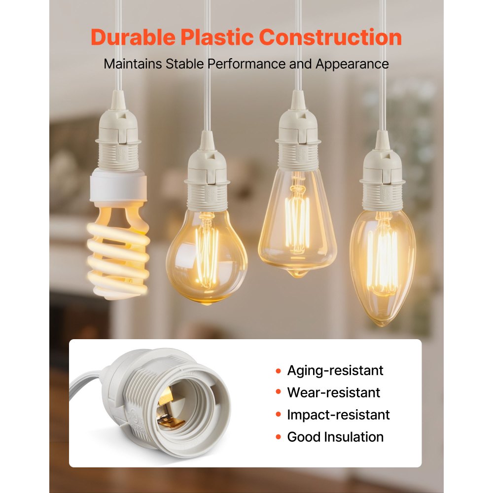 VEVOR Plug in Hanging Light Cord Kit, 16ft Lantern Extension Cords, 2 Pack E26 Light Socket Lamp Cord Replacement, Secure & Sturdy, Easy to Install, Pendant Lamp Kit On/Off Switch & Socket Rings