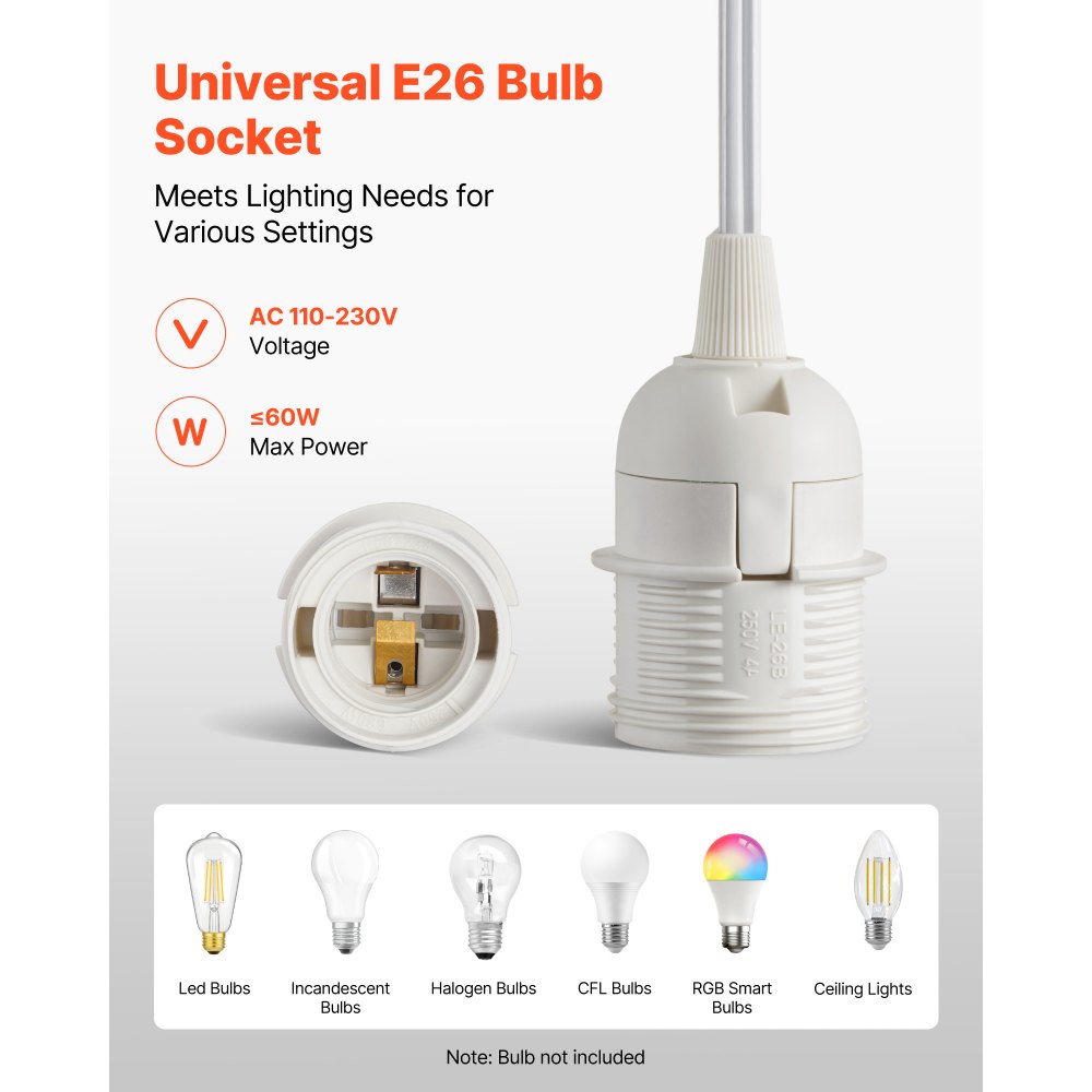 VEVOR Plug in Hanging Light Cord Kit, 16ft Lantern Extension Cords, 2 Pack E26 Light Socket Lamp Cord Replacement, Secure & Sturdy, Easy to Install, Pendant Lamp Kit On/Off Switch & Socket Rings