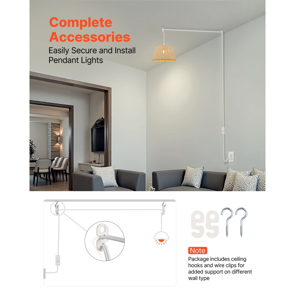 VEVOR Plug in Hanging Light Cord Kit, 16ft Lantern Extension Cords, 2 Pack E26 Light Socket Lamp Cord Replacement, Secure & Sturdy, Easy to Install, Pendant Lamp Kit On/Off Switch & Socket Rings