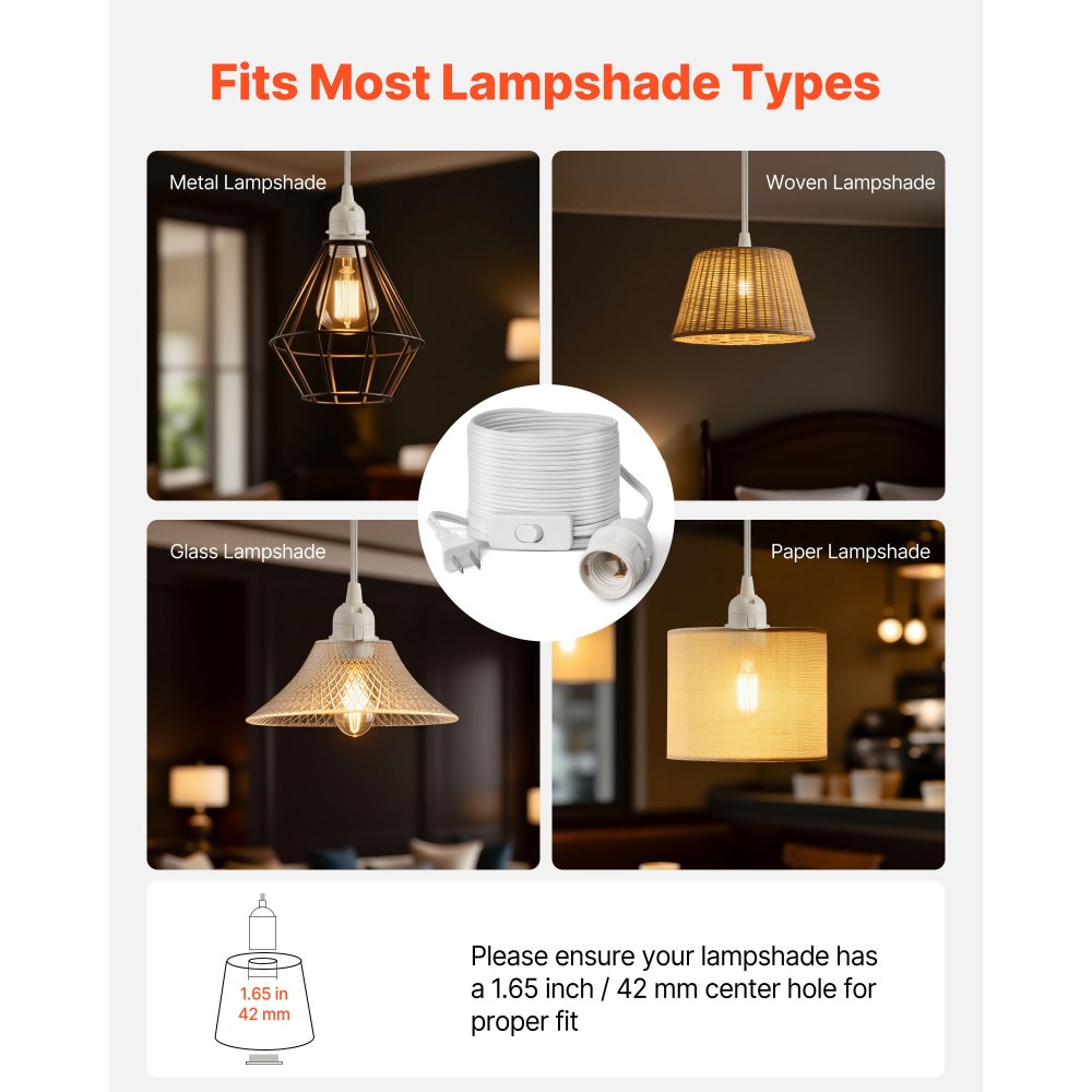 VEVOR Plug in Hanging Light Cord Kit, 16ft Lantern Extension Cords, 2 Pack E26 Light Socket Lamp Cord Replacement, Secure & Sturdy, Easy to Install, Pendant Lamp Kit On/Off Switch & Socket Rings