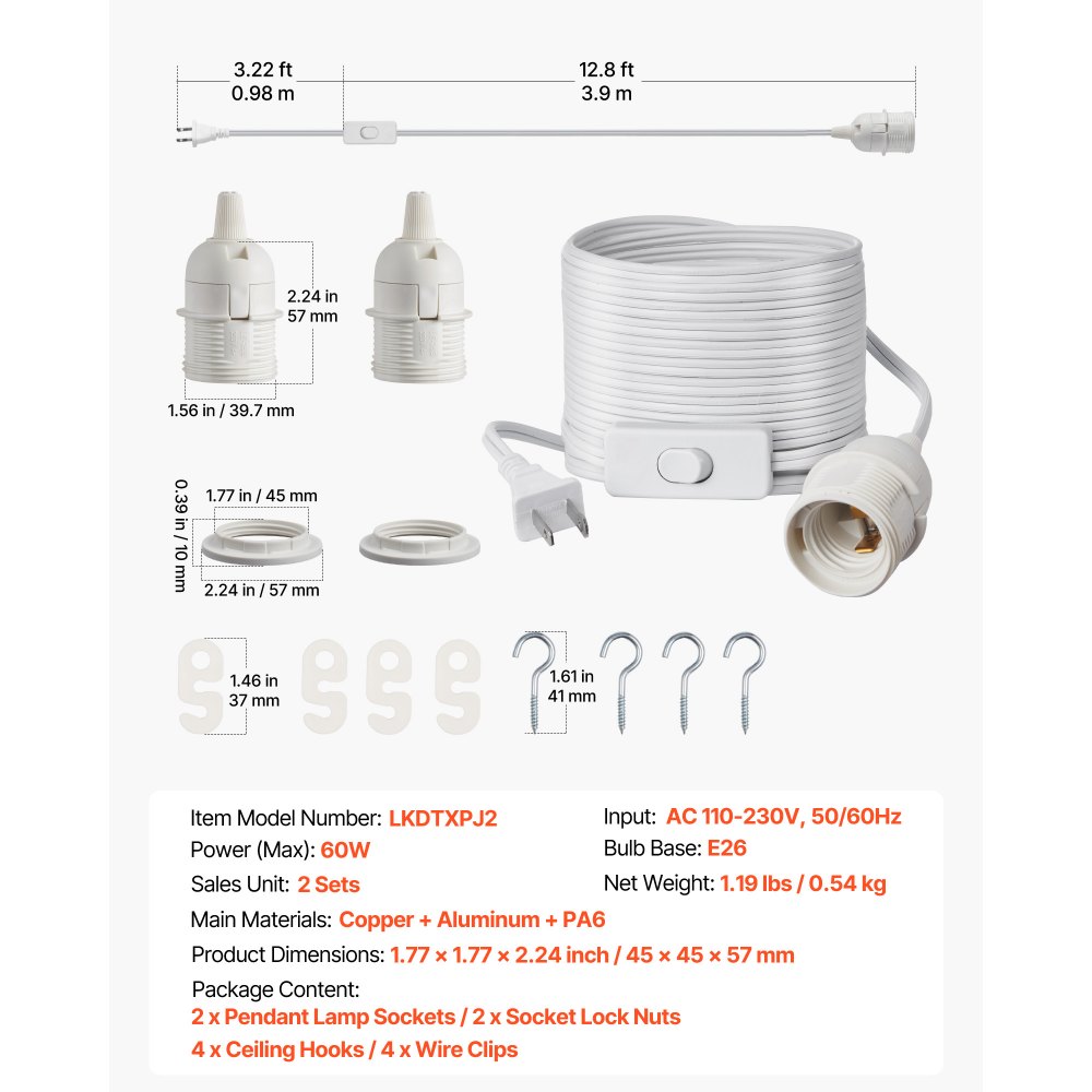 VEVOR Plug in Hanging Light Cord Kit, 16ft Lantern Extension Cords, 2 Pack E26 Light Socket Lamp Cord Replacement, Secure & Sturdy, Easy to Install, Pendant Lamp Kit On/Off Switch & Socket Rings