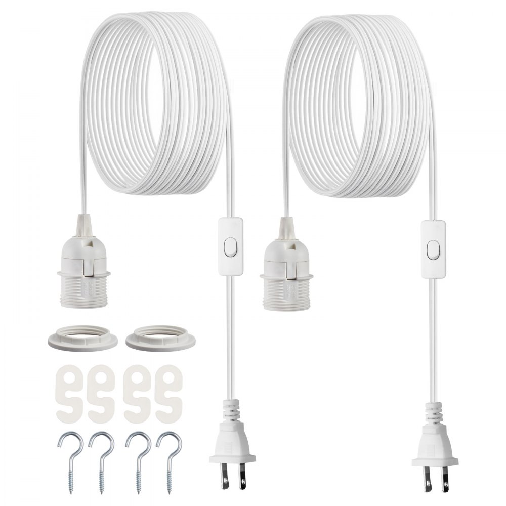 VEVOR Plug in Hanging Light Cord Kit, 16ft Lantern Extension Cords, 2 Pack E26 Light Socket Lamp Cord Replacement, Secure & Sturdy, Easy to Install, Pendant Lamp Kit On/Off Switch & Socket Rings