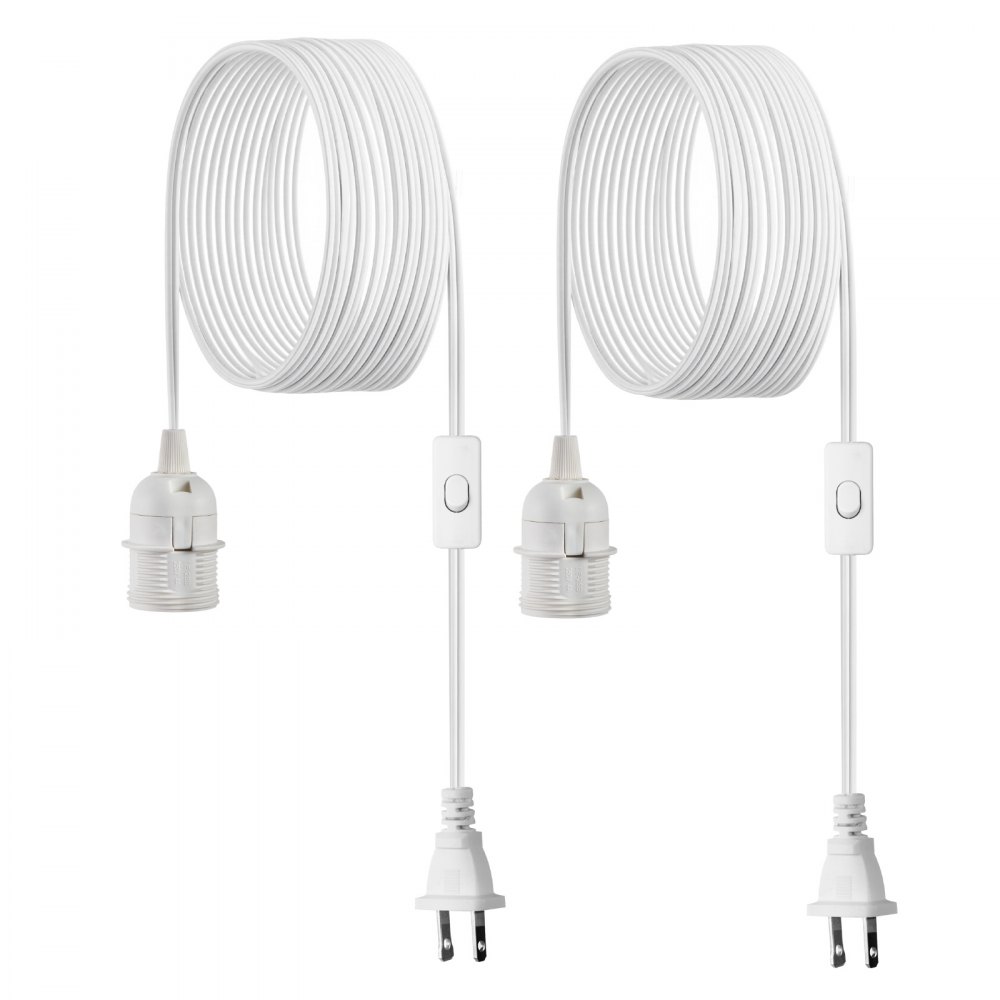 VEVOR Plug in Hanging Light Cord Kit, 16ft Lantern Extension Cords, 2 Pack E26 Light Socket Lamp Cord Replacement, Secure & Sturdy, Easy to Install, Pendant Lamp Kit On/Off Switch & Socket Rings