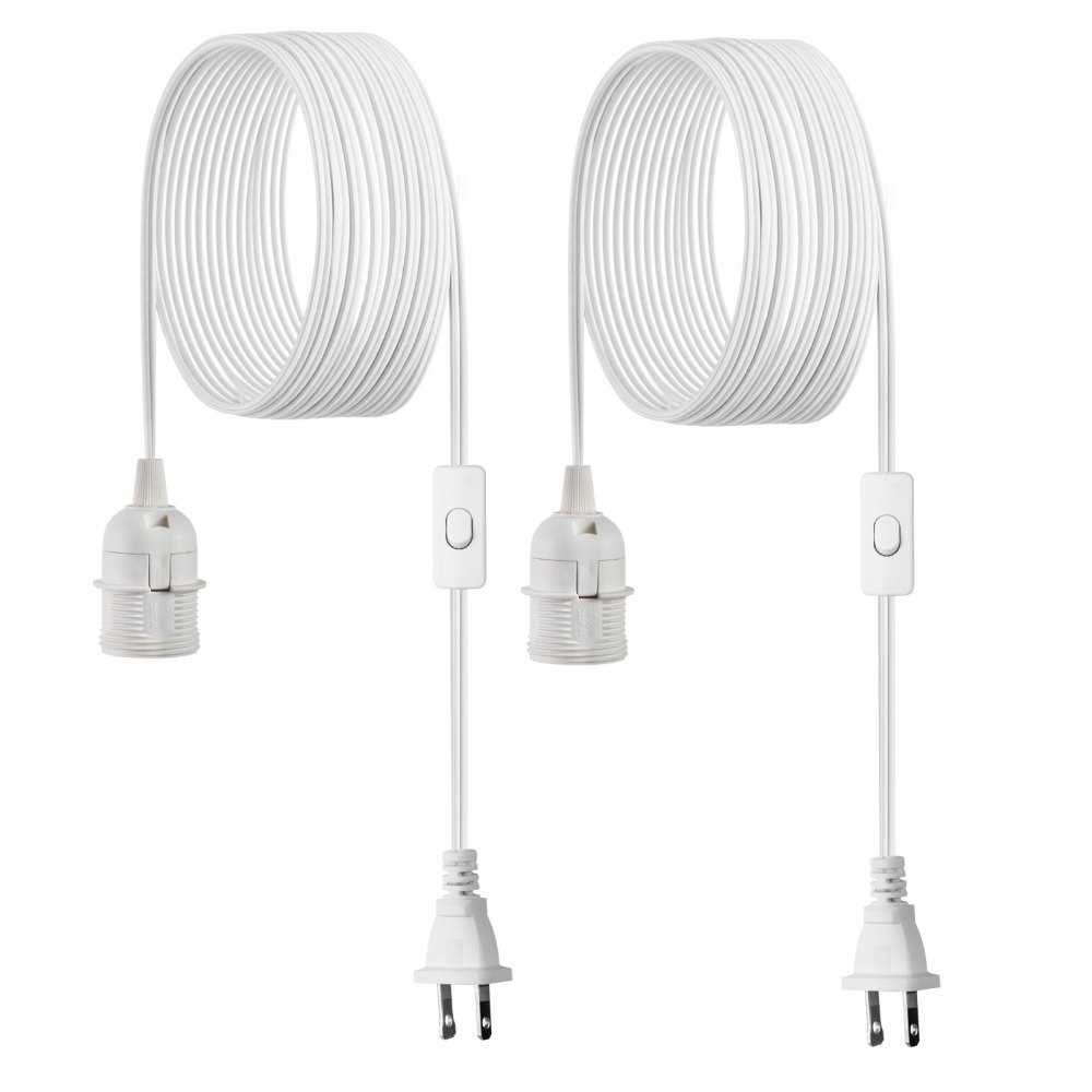VEVOR Plug in Hanging Light Cord Kit, 16ft Lantern Extension Cords, 2 Pack E26 Light Socket Lamp Cord Replacement, Secure & Sturdy, Easy to Install, Pendant Lamp Kit On/Off Switch & Socket Rings