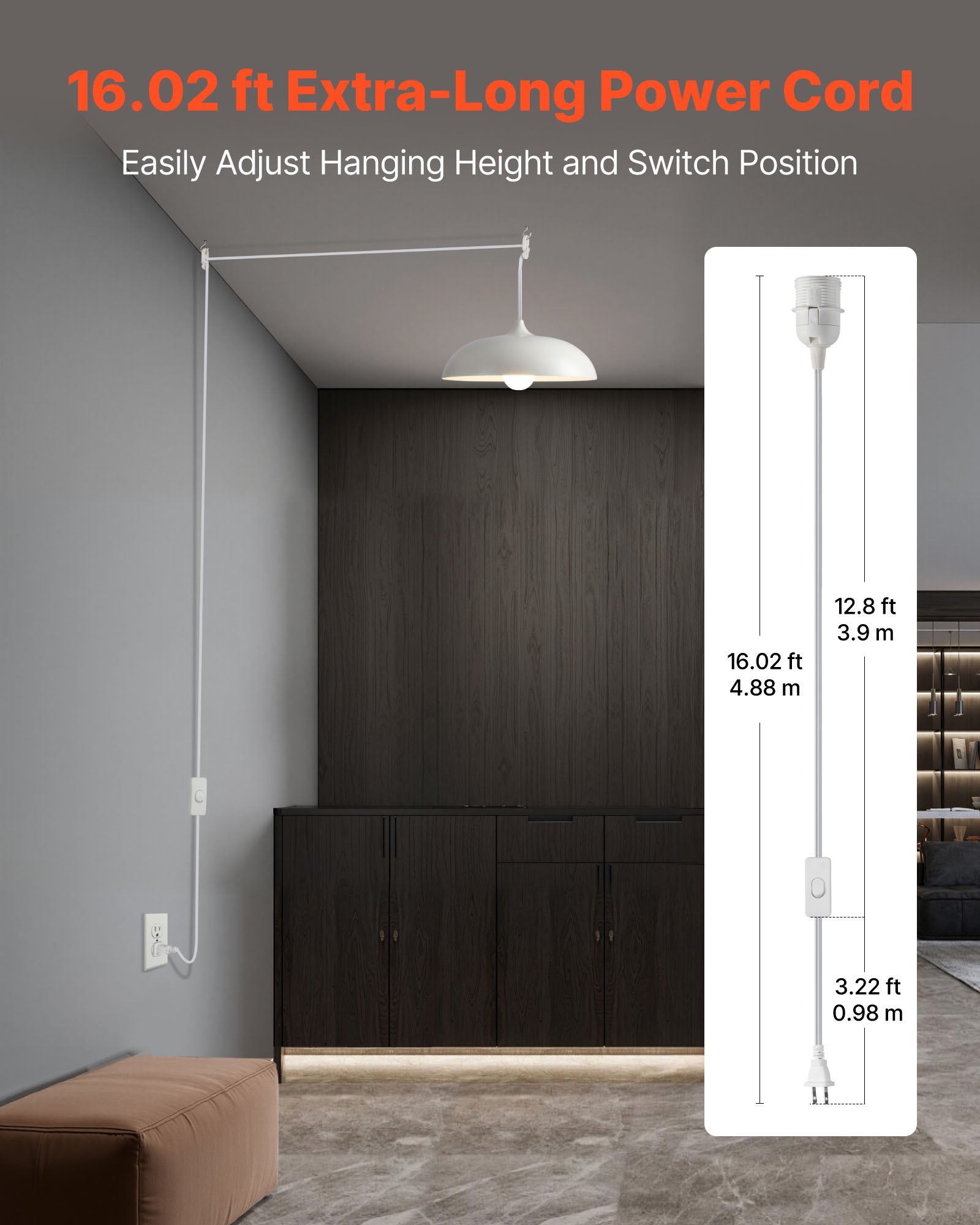 VEVOR Plug in Hanging Light Cord Kit, 16ft Lantern Extension Cords, 2 Pack E26 Light Socket Lamp Cord Replacement, Secure & Sturdy, Easy to Install, Pendant Lamp Kit On/Off Switch & Socket Rings