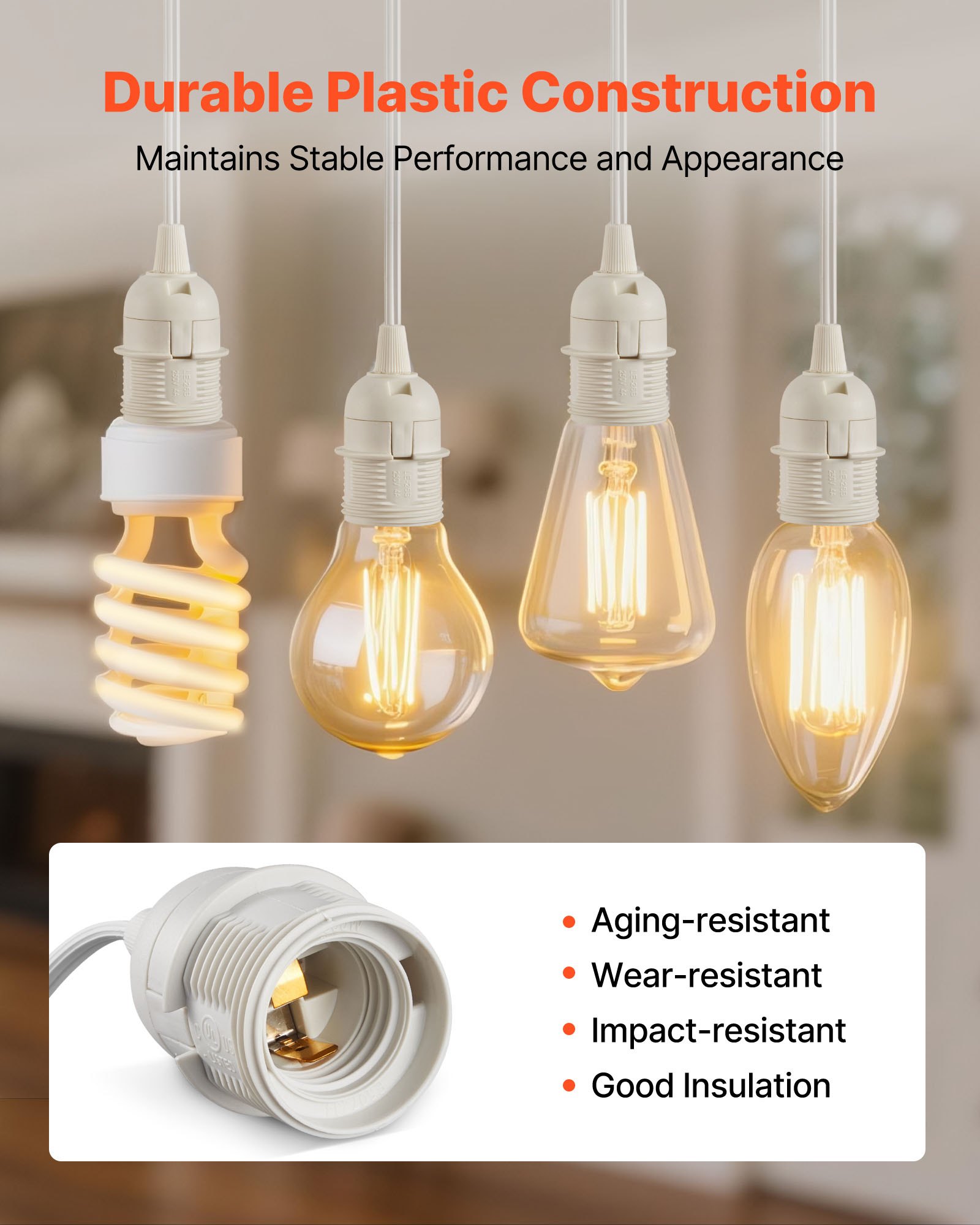 VEVOR Plug in Hanging Light Cord Kit, 16ft Lantern Extension Cords, 2 Pack E26 Light Socket Lamp Cord Replacement, Secure & Sturdy, Easy to Install, Pendant Lamp Kit On/Off Switch & Socket Rings