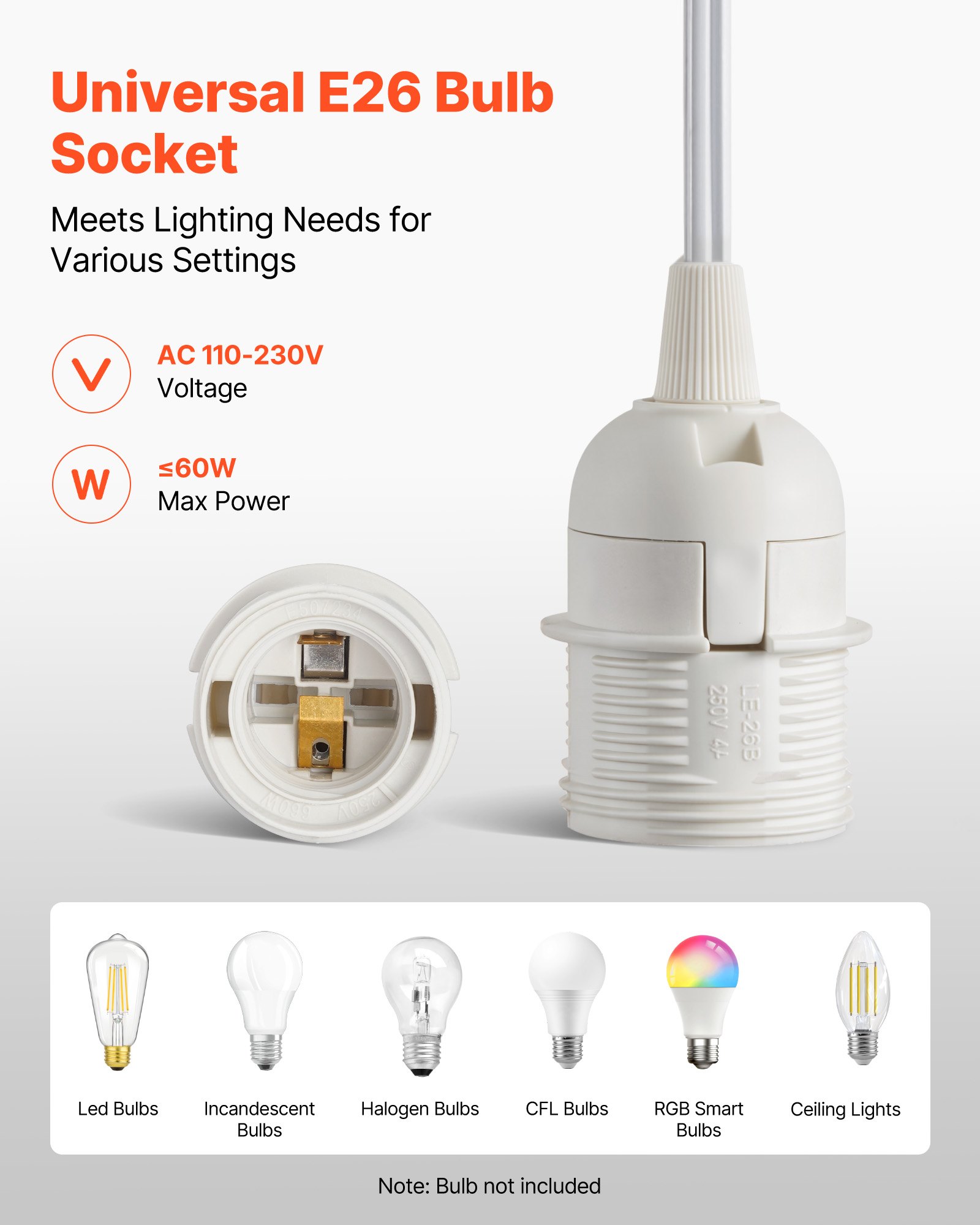 VEVOR Plug in Hanging Light Cord Kit, 16ft Lantern Extension Cords, 2 Pack E26 Light Socket Lamp Cord Replacement, Secure & Sturdy, Easy to Install, Pendant Lamp Kit On/Off Switch & Socket Rings