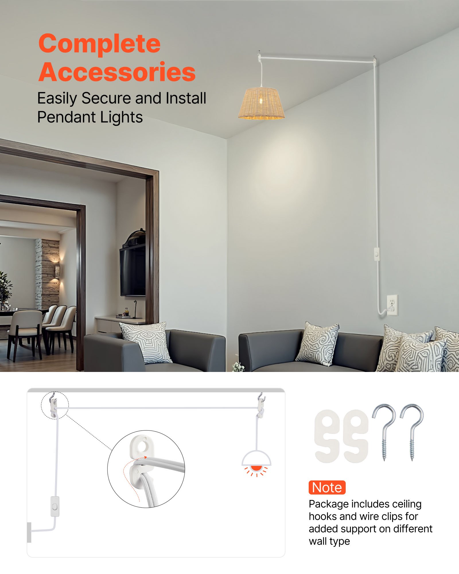 VEVOR Plug in Hanging Light Cord Kit, 16ft Lantern Extension Cords, 2 Pack E26 Light Socket Lamp Cord Replacement, Secure & Sturdy, Easy to Install, Pendant Lamp Kit On/Off Switch & Socket Rings