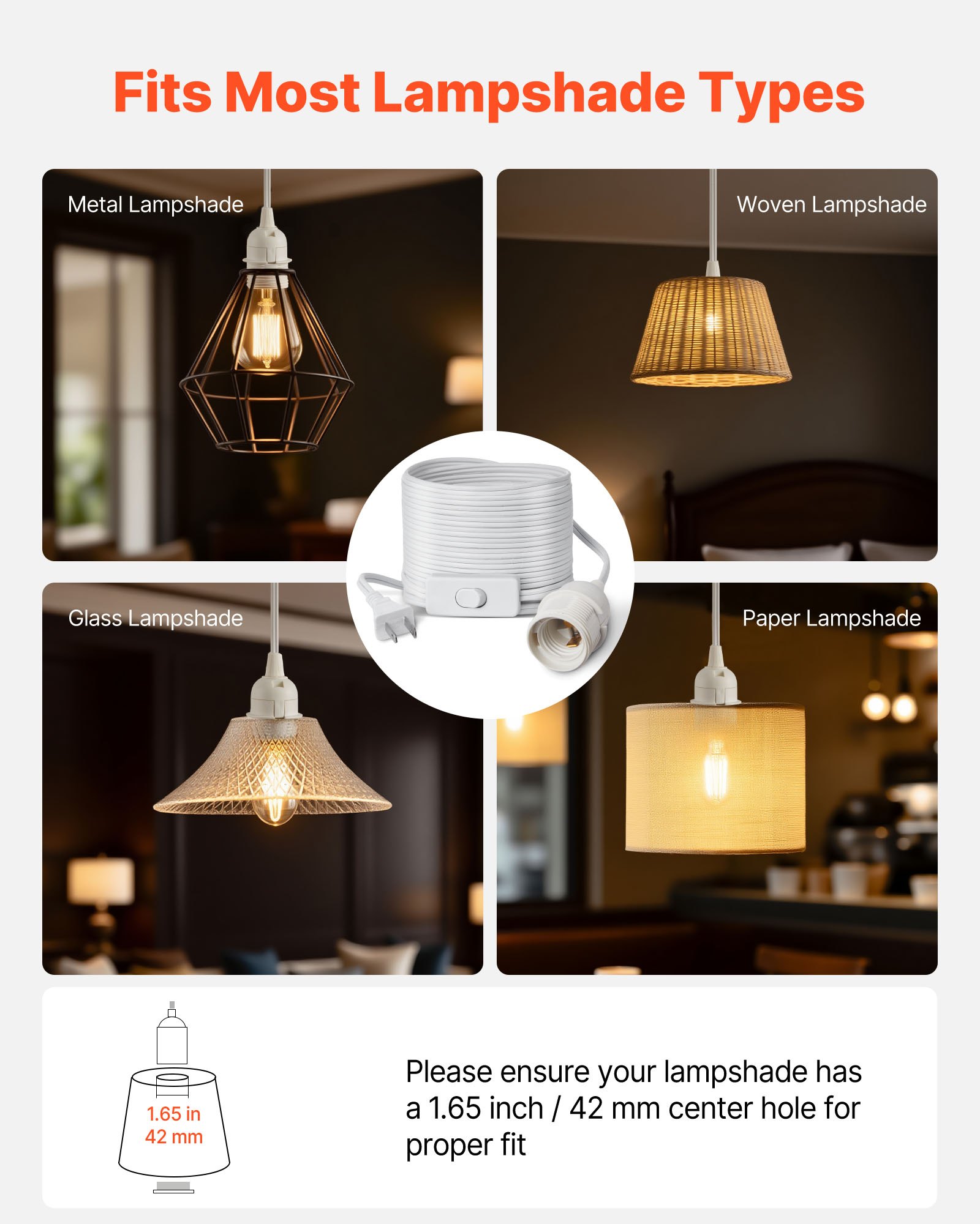 VEVOR Plug in Hanging Light Cord Kit, 16ft Lantern Extension Cords, 2 Pack E26 Light Socket Lamp Cord Replacement, Secure & Sturdy, Easy to Install, Pendant Lamp Kit On/Off Switch & Socket Rings