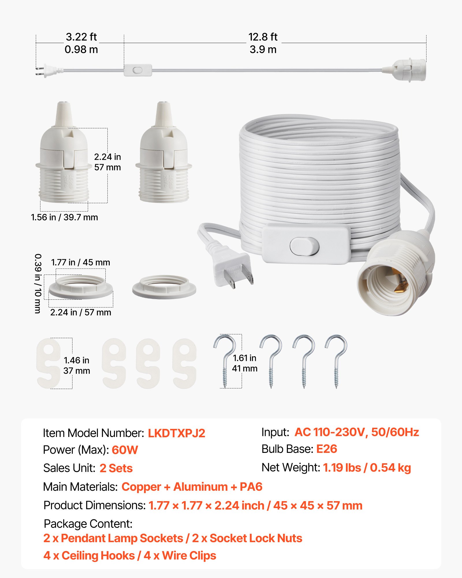 VEVOR Plug in Hanging Light Cord Kit, 16ft Lantern Extension Cords, 2 Pack E26 Light Socket Lamp Cord Replacement, Secure & Sturdy, Easy to Install, Pendant Lamp Kit On/Off Switch & Socket Rings