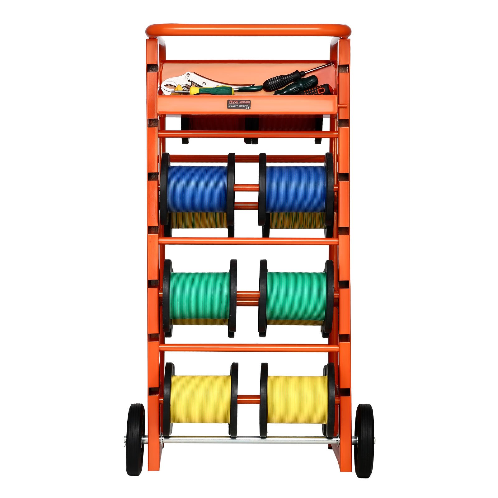 VEVOR Wire Spool Rack, 11 Rods, Multi-Spool Wire Rack Dispenser, Cable Caddy with Wheels, Cable Holder with Storage Tray for Wiring Storage, for Electrical, Industrial & Retail Use, Working Efficiency
