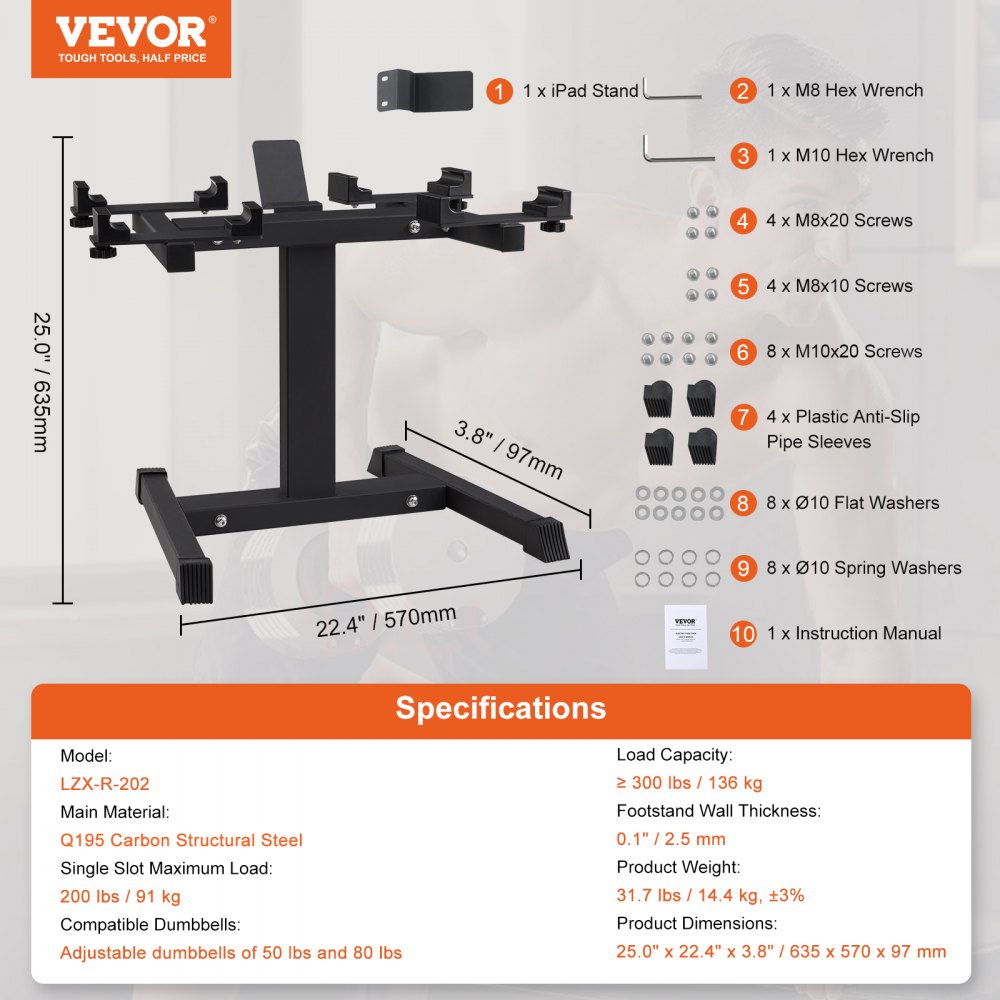 VEVOR dumbbell stand, dimensions 25&quot; x 22.4&quot; x 3.8&quot;, assembly parts, and specifications listed.