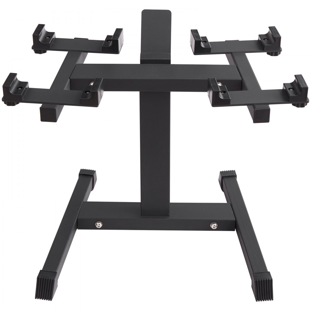 VEVOR dumbbell stand with sturdy black metal frame and rubberized feet for stability.
