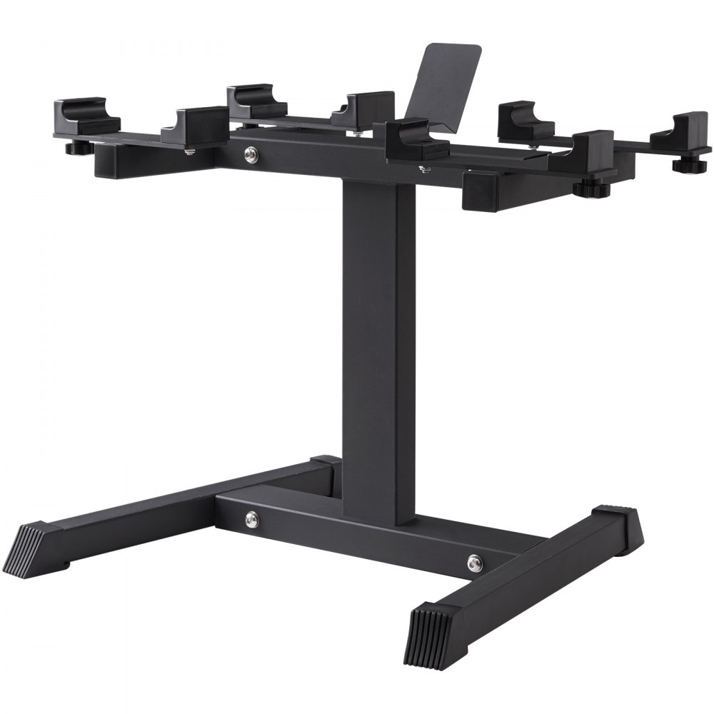 VEVOR dumbbell stand with black steel frame and rubber foot caps for stability.