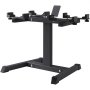VEVOR dumbbell stand with black steel frame and rubber foot caps for stability.