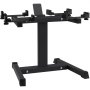 black VEVOR dumbbell stand with sturdy metal frame and rubber feet for home gym organization.