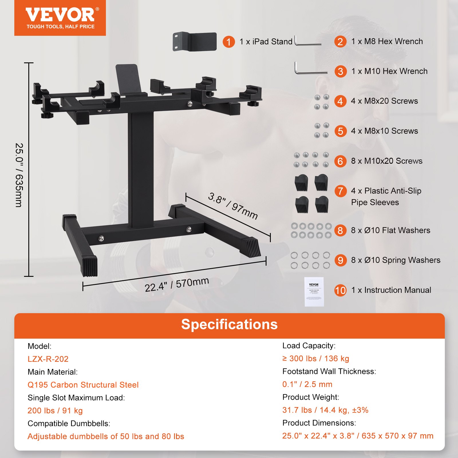 VEVOR dumbbell stand, dimensions 25&quot; x 22.4&quot; x 3.8&quot;, assembly parts, and specifications listed.