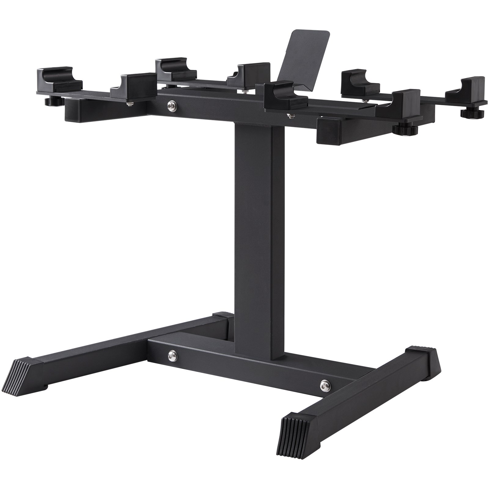 VEVOR dumbbell stand with black steel frame and rubber foot caps for stability.