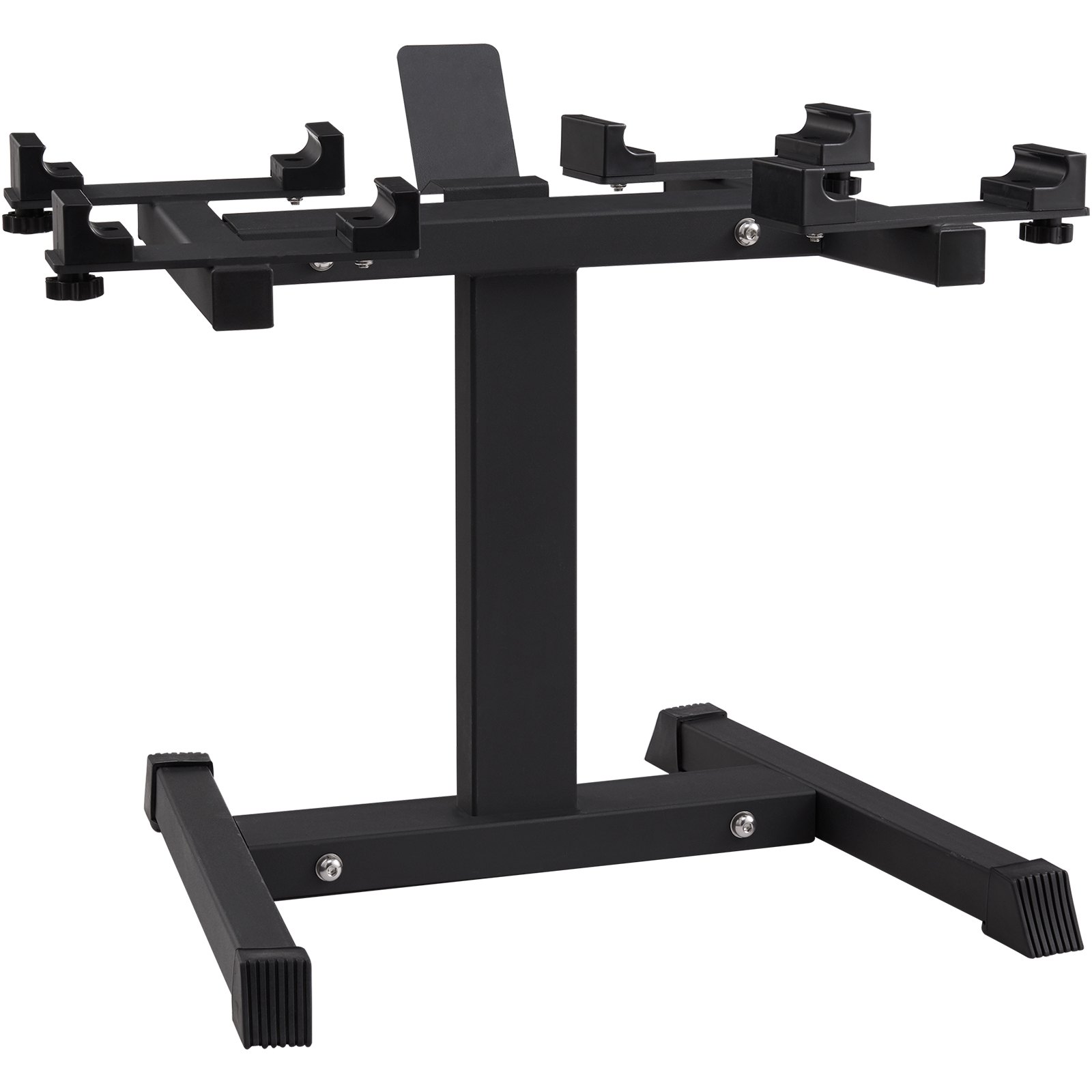 black VEVOR dumbbell stand with sturdy metal frame and rubber feet for home gym organization.