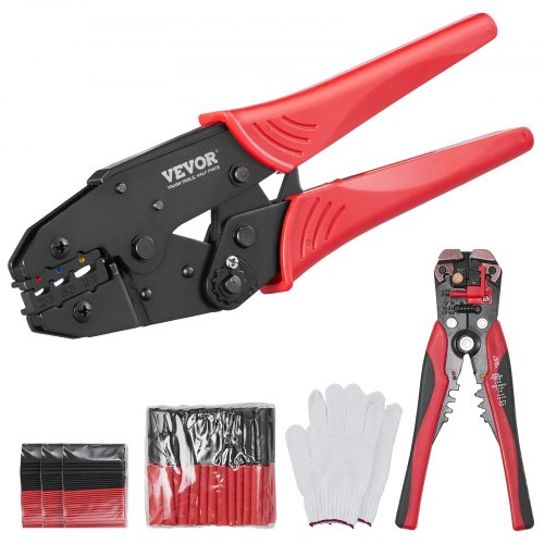 VEVOR Crimping Tool, AWG22-10 Heat Shrink/Nylon/Insulated Terminal Crimper, Labor-Saving Ratcheting Wire Crimp Pliers with a Pair Of Gloves, a Wire Stripping Pliers, and 210pcs Heat Shrink Tubes