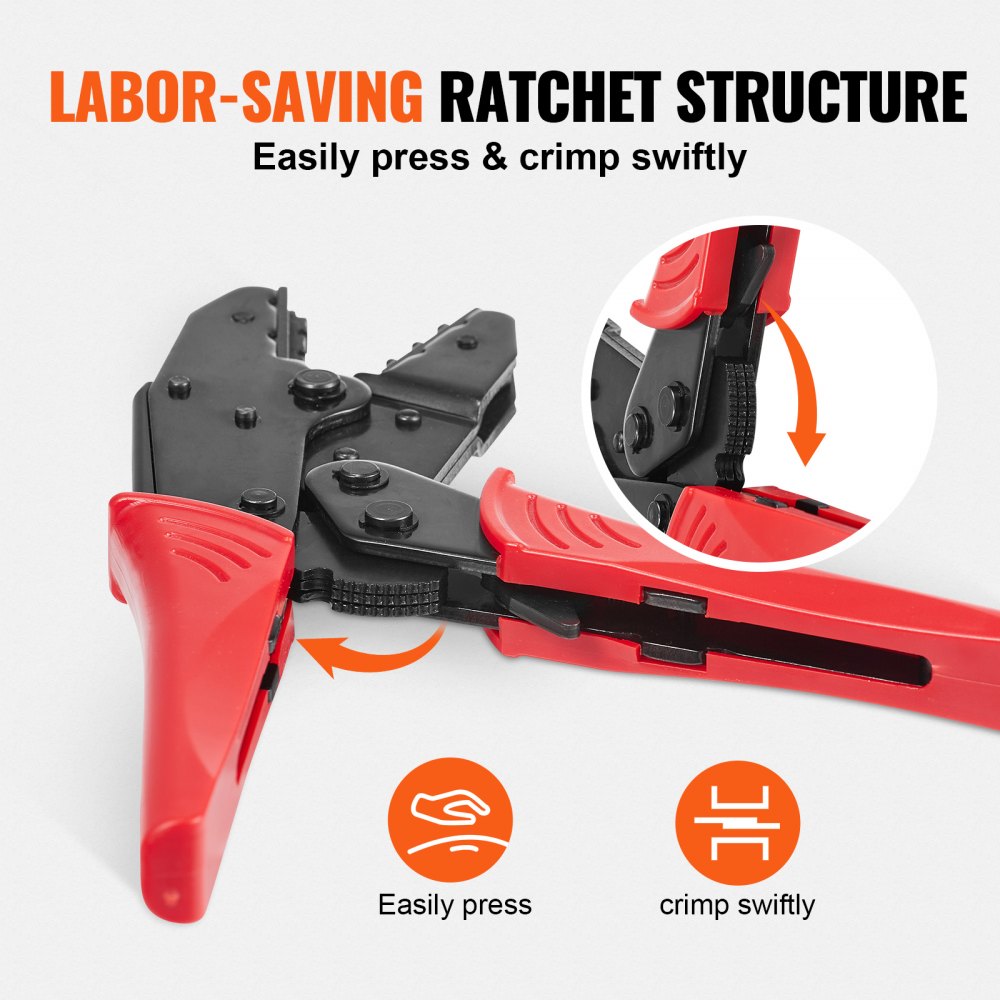 VEVOR Crimping Tool, AWG22-10 Heat Shrink/Nylon/Insulated Terminal Crimper, Labor-Saving Ratcheting Wire Crimp Pliers with a Pair Of Gloves, a Wire Stripping Pliers, and 210pcs Heat Shrink Tubes