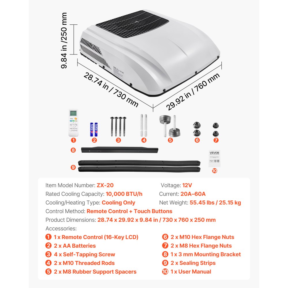 VEVOR Truck Air Conditioner, 12V 10000 BTU RV Rooftop AC Unit, 350 m³/h Airflow Cab Air Conditioner with Copper Evaporator, Quiet A/C Unit Fast Cooling for Semi Truck Trailer Motorhome Tractor Caravan
