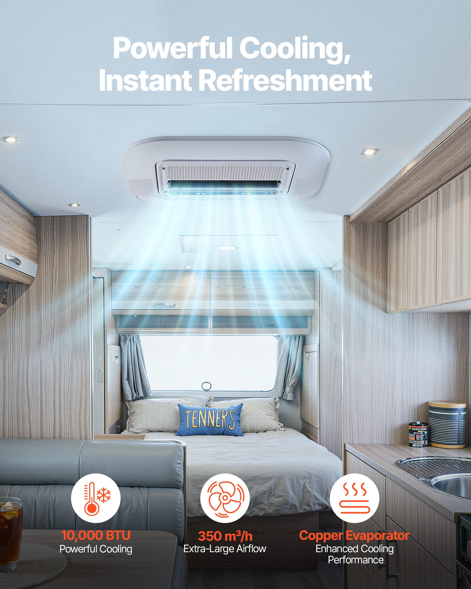 VEVOR Truck Air Conditioner, 12V 10000 BTU RV Rooftop AC Unit, 350 m³/h Airflow Cab Air Conditioner with Copper Evaporator, Quiet A/C Unit Fast Cooling for Semi Truck Trailer Motorhome Tractor Caravan