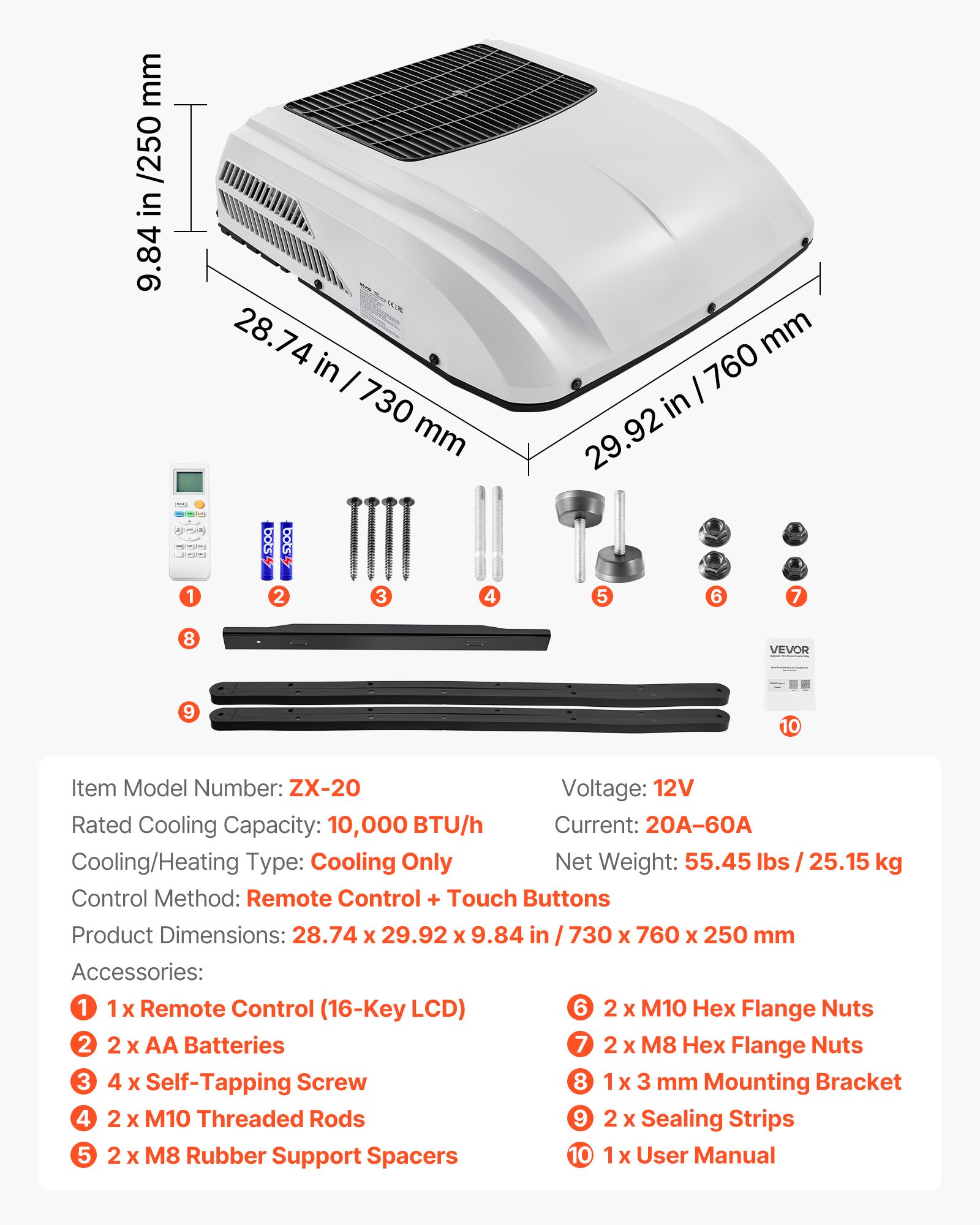 VEVOR Truck Air Conditioner, 12V 10000 BTU RV Rooftop AC Unit, 350 m³/h Airflow Cab Air Conditioner with Copper Evaporator, Quiet A/C Unit Fast Cooling for Semi Truck Trailer Motorhome Tractor Caravan