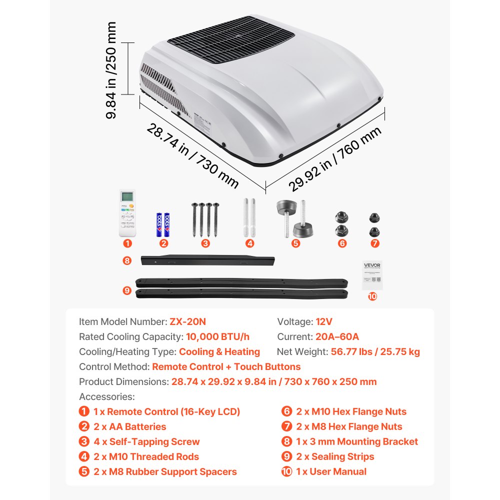 VEVOR Truck Air Conditioner, 12V 10000 BTU RV Rooftop AC Unit, 350 m³/h Airflow, Cooling & Heating 2 in 1 Function Cab Air Conditioner, Quiet A/C Unit for Semi Truck Trailer Motorhome Tractor Caravan