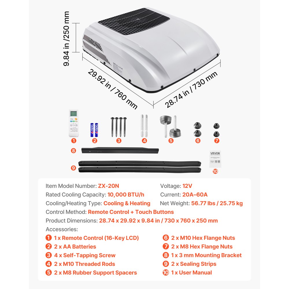 VEVOR Truck Air Conditioner, 12V 10000 BTU RV Rooftop AC Unit, 350 m³/h Airflow, Cooling & Heating 2 in 1 Function Cab Air Conditioner, Quiet A/C Unit for Semi Truck Trailer Motorhome Tractor Caravan