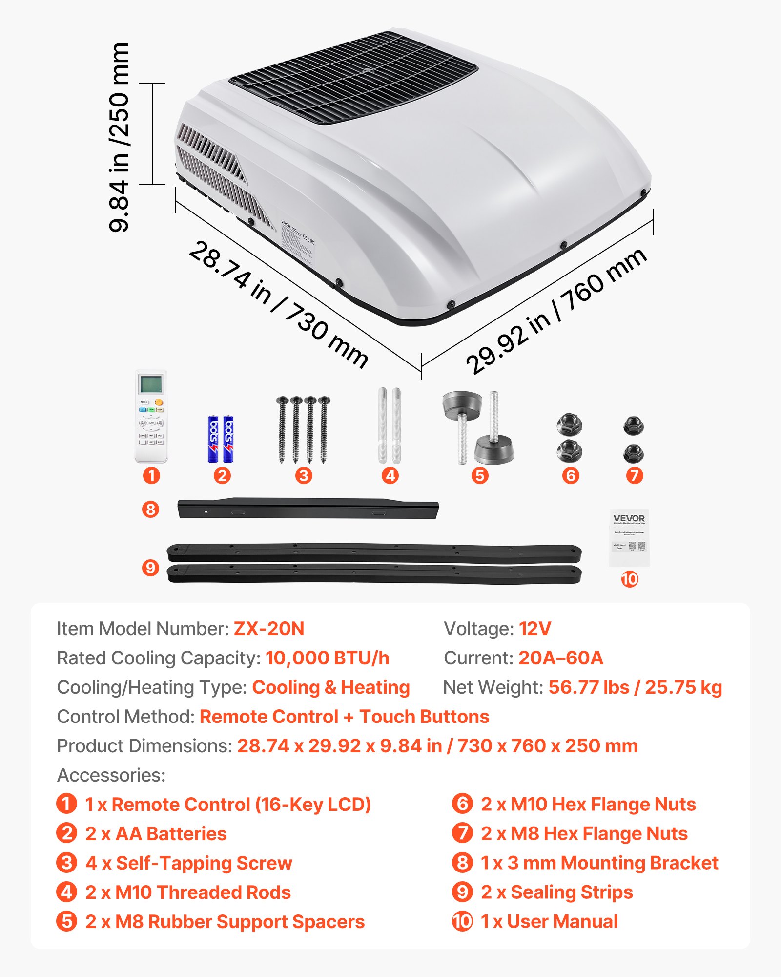 VEVOR Truck Air Conditioner, 12V 10000 BTU RV Rooftop AC Unit, 350 m³/h Airflow, Cooling & Heating 2 in 1 Function Cab Air Conditioner, Quiet A/C Unit for Semi Truck Trailer Motorhome Tractor Caravan