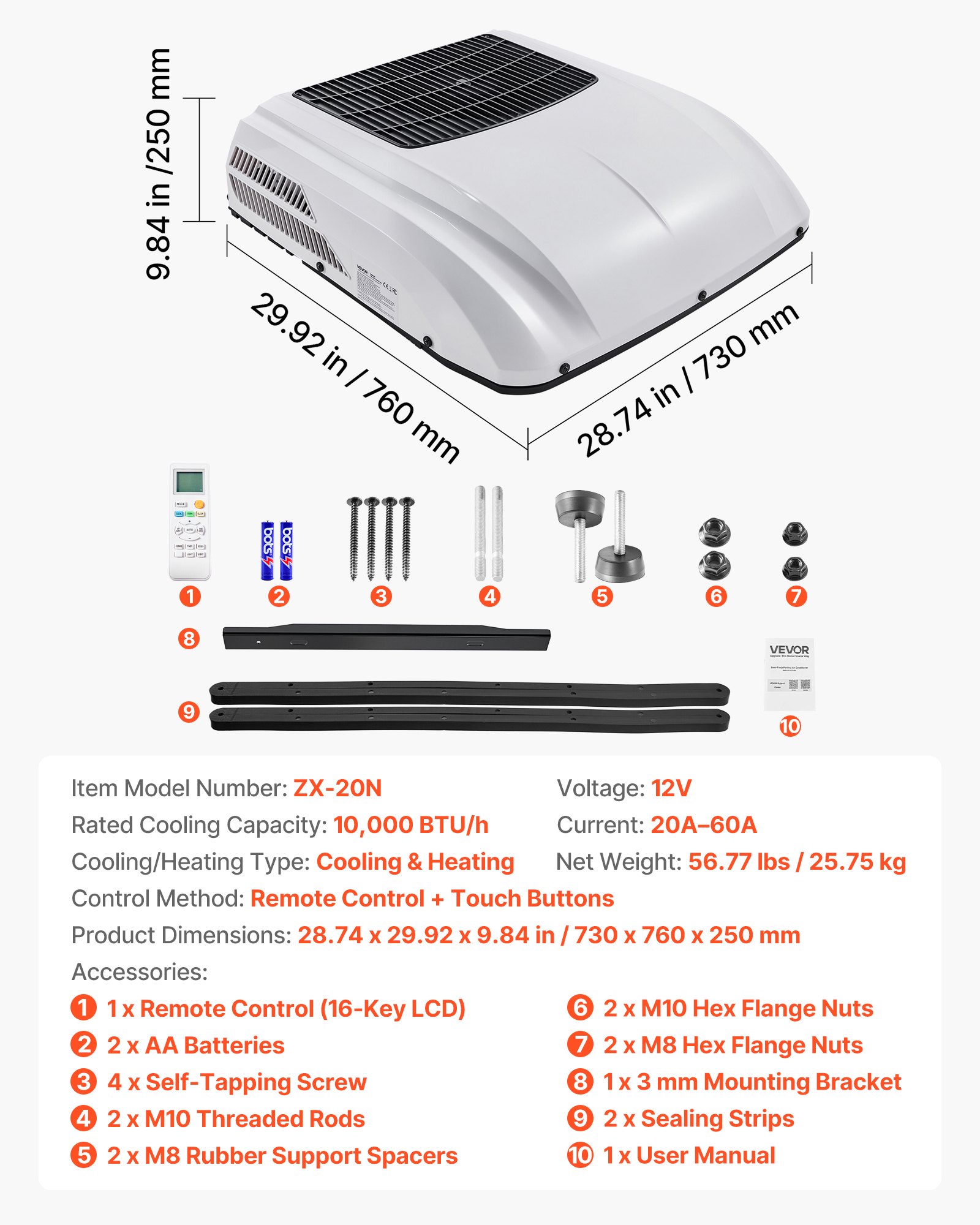VEVOR Truck Air Conditioner, 12V 10000 BTU RV Rooftop AC Unit, 350 m³/h Airflow, Cooling & Heating 2 in 1 Function Cab Air Conditioner, Quiet A/C Unit for Semi Truck Trailer Motorhome Tractor Caravan