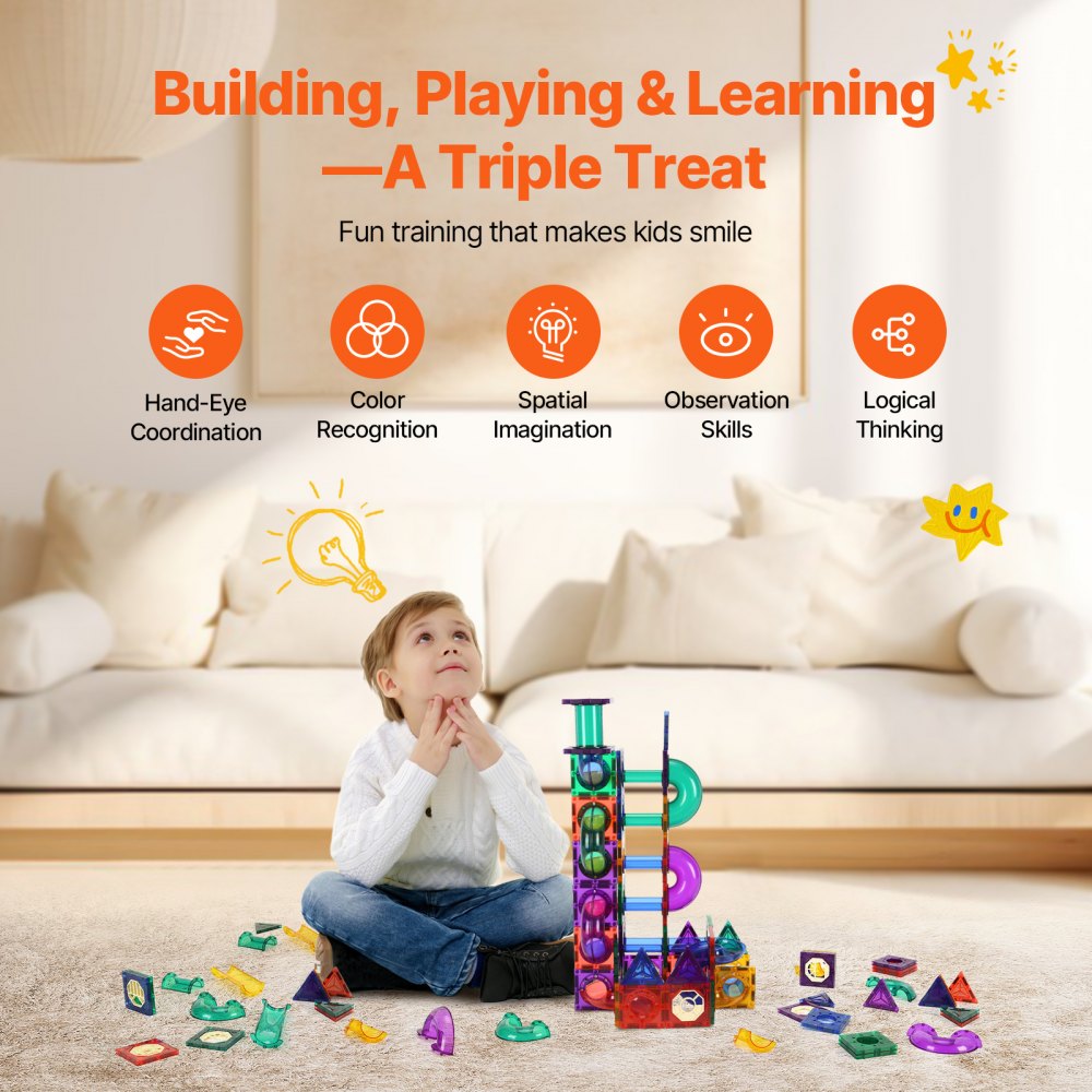 VEVOR Magnetic Tiles Marble Run, 111 Piece, Magnetic STEM Construction Race Track Tile Game Kit, Children Brain Development Learning Educational Toys, for Toddlers Kids Boys Girls Ages 3+ Years Old