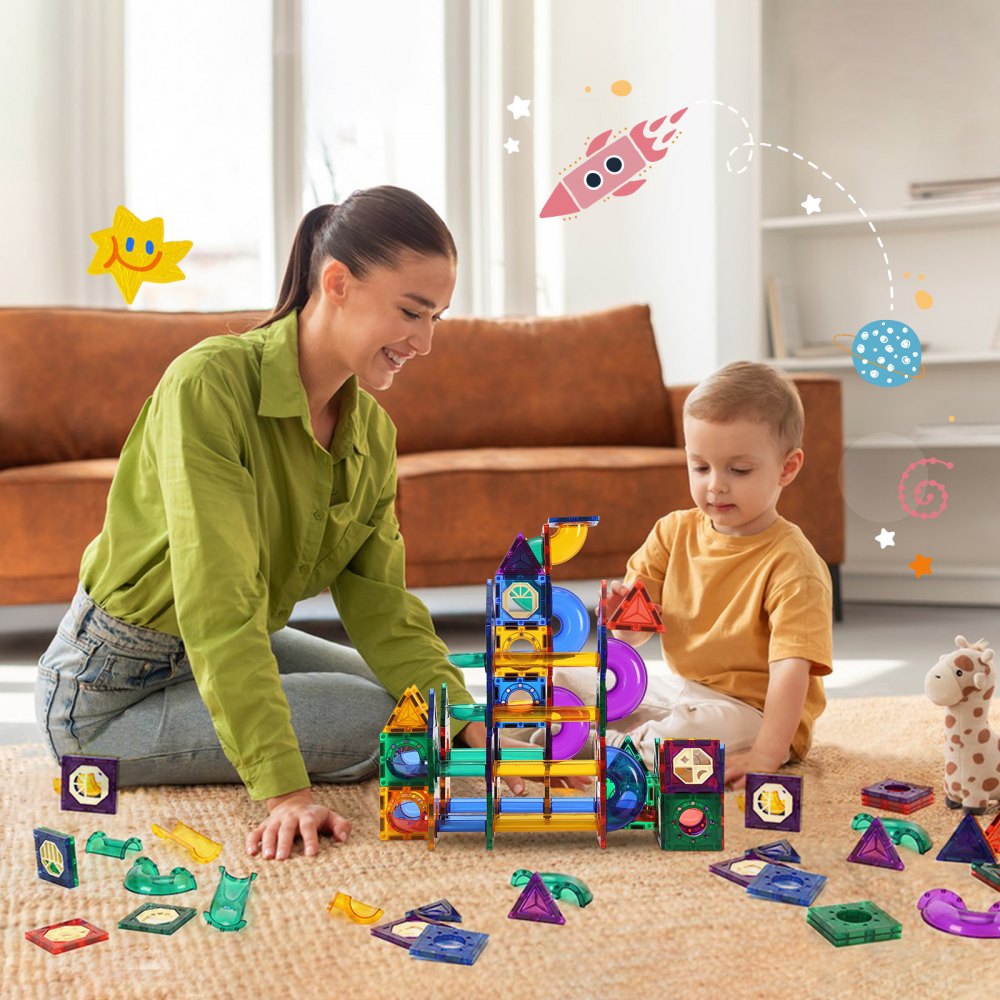 VEVOR Magnetic Tiles Marble Run, 111 Piece, Magnetic STEM Construction Race Track Tile Game Kit, Children Brain Development Learning Educational Toys, for Toddlers Kids Boys Girls Ages 3+ Years Old