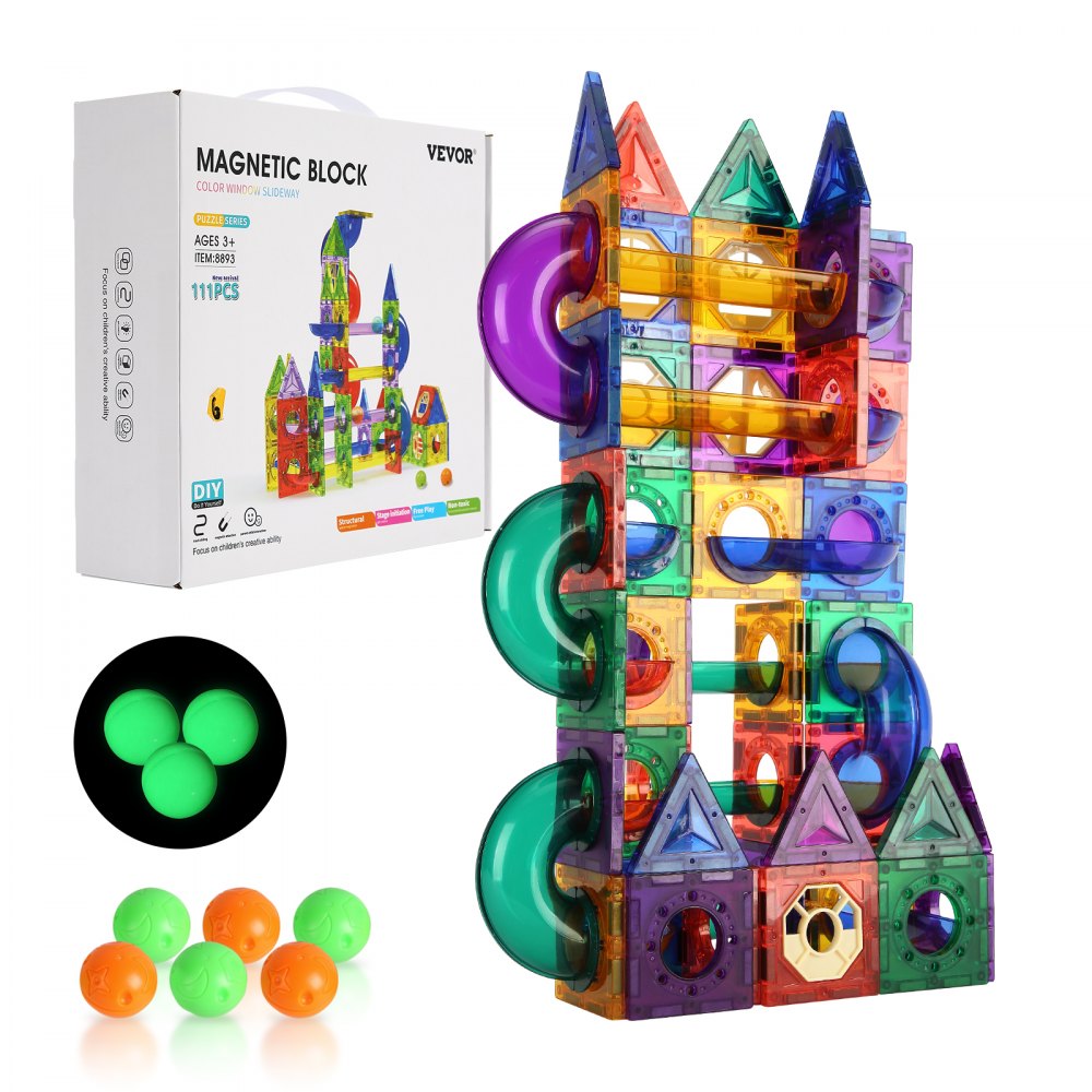 VEVOR Magnetic Tiles Marble Run, 111 Piece, Magnetic STEM Construction Race Track Tile Game Kit, Children Brain Development Learning Educational Toys, for Toddlers Kids Boys Girls Ages 3+ Years Old