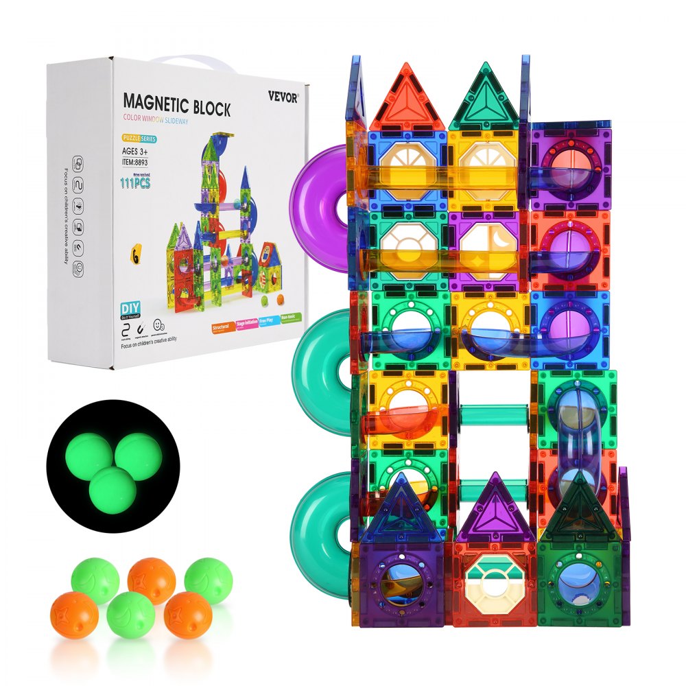 VEVOR Magnetic Tiles Marble Run, 111 Piece, Magnetic STEM Construction Race Track Tile Game Kit, Children Brain Development Learning Educational Toys, for Toddlers Kids Boys Girls Ages 3+ Years Old