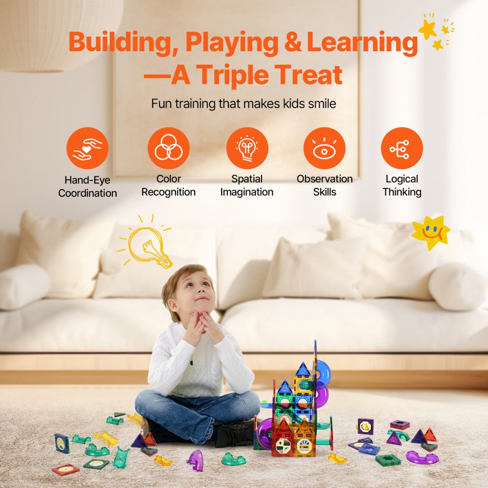 VEVOR Juego de canicas con 93 piezas de baldosas magnéticas para construcción STEM, juego de pistas de carreras, juguetes educativos para el desarrollo cerebral infantil, para niños pequeños, niños y niñas a partir de 3 años