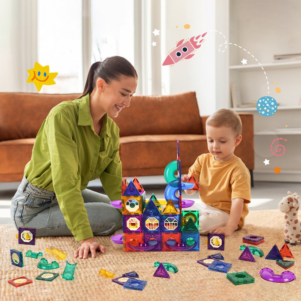 VEVOR Juego de canicas con 93 piezas de baldosas magnéticas para construcción STEM, juego de pistas de carreras, juguetes educativos para el desarrollo cerebral infantil, para niños pequeños, niños y niñas a partir de 3 años
