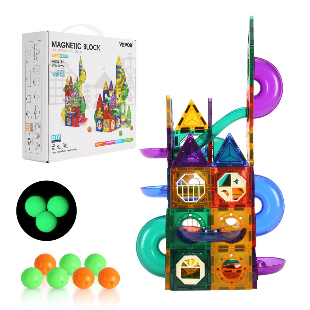 VEVOR Juego de canicas con 93 piezas de baldosas magnéticas para construcción STEM, juego de pistas de carreras, juguetes educativos para el desarrollo cerebral infantil, para niños pequeños, niños y niñas a partir de 3 años